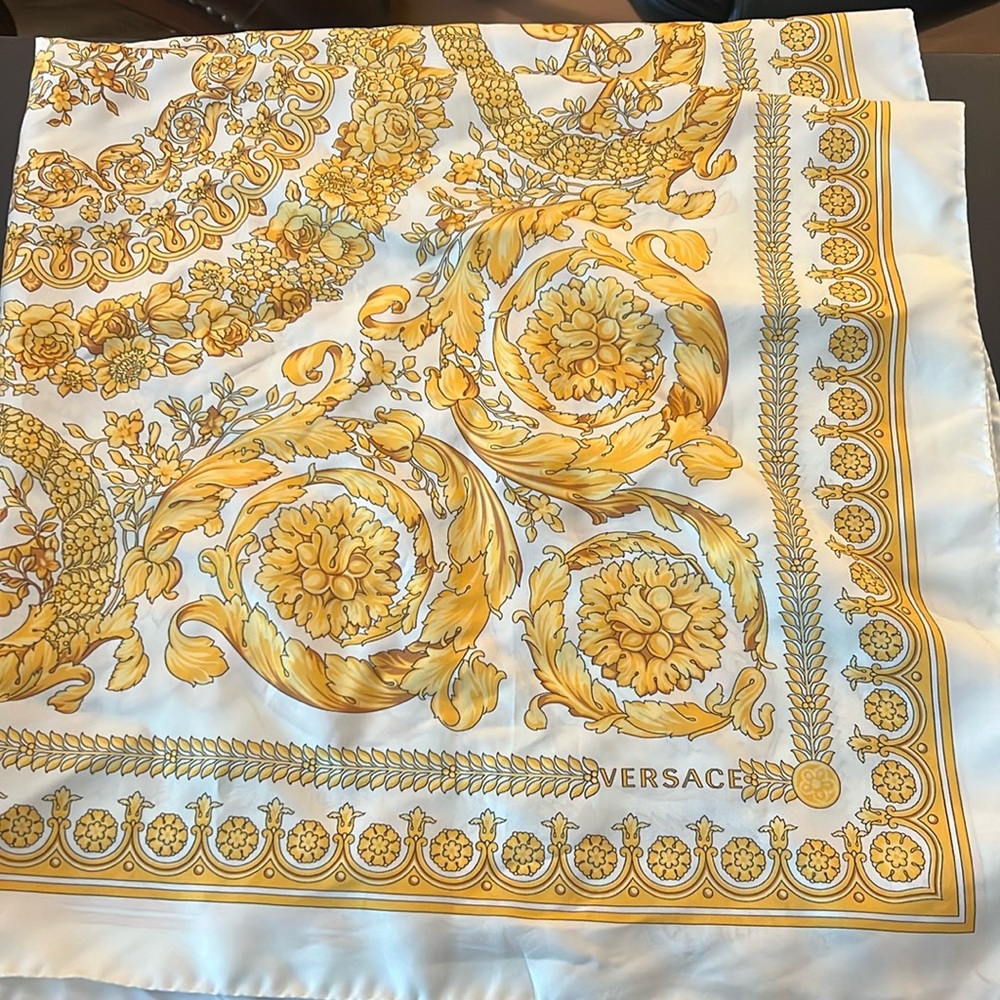 white and yellow Versace silk scarf. Square 37 inches by 37 inches